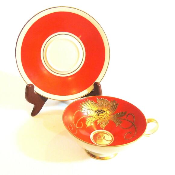 Shau Bach Kunst Wallendorf CUP & SAUCER SET Red Orange Ornate Gold Relief Flower - Picture 2 of 6